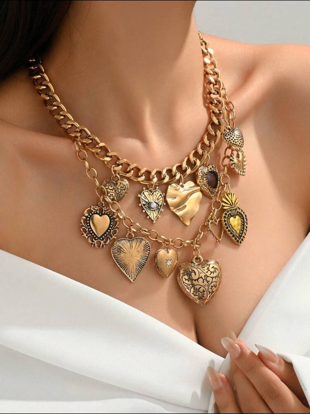 New Gold Heart Charm Layered Necklace - Women Jewelry